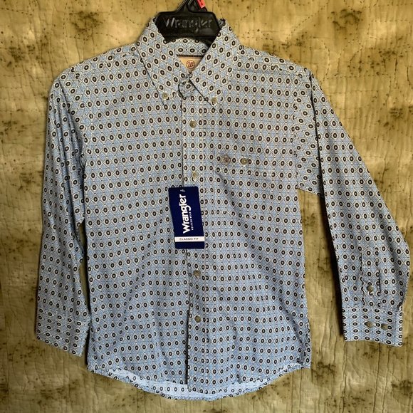 Wrangler Boys' Blue Sun Print Long Sleeve Western Shirt; Medium - Picture 2 of 4